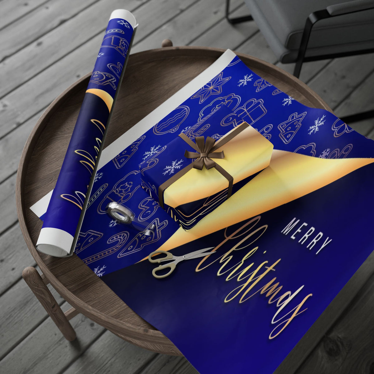 Christmas Wrapping Paper Roll - Blue & Gold 'Merry Christmas' Holiday Gift Wrap