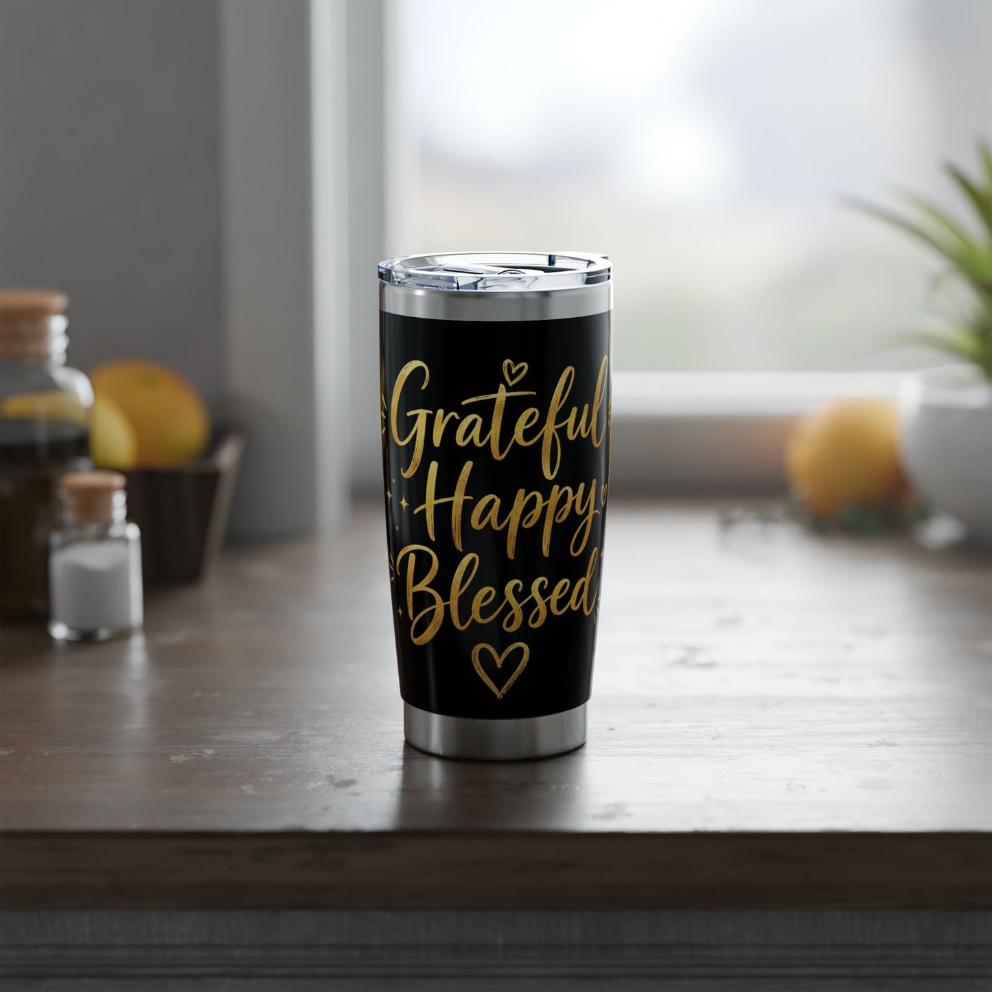 Grateful Happy Blessed (Black & Gold) 20oz Stainless Tumbler