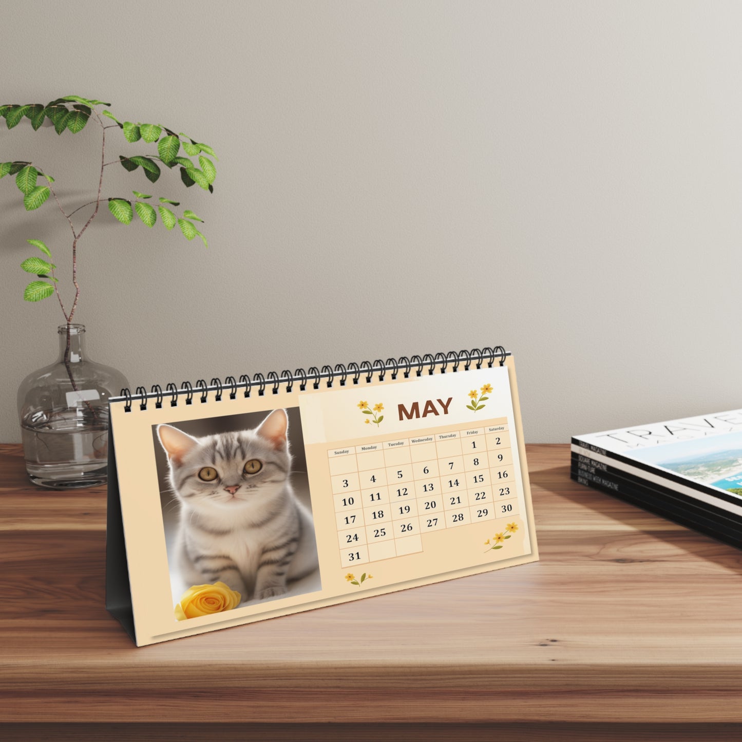 Cat Calendar 2026 Desktop Calendar — Floral Cat Desk Calendar for Cat Lovers