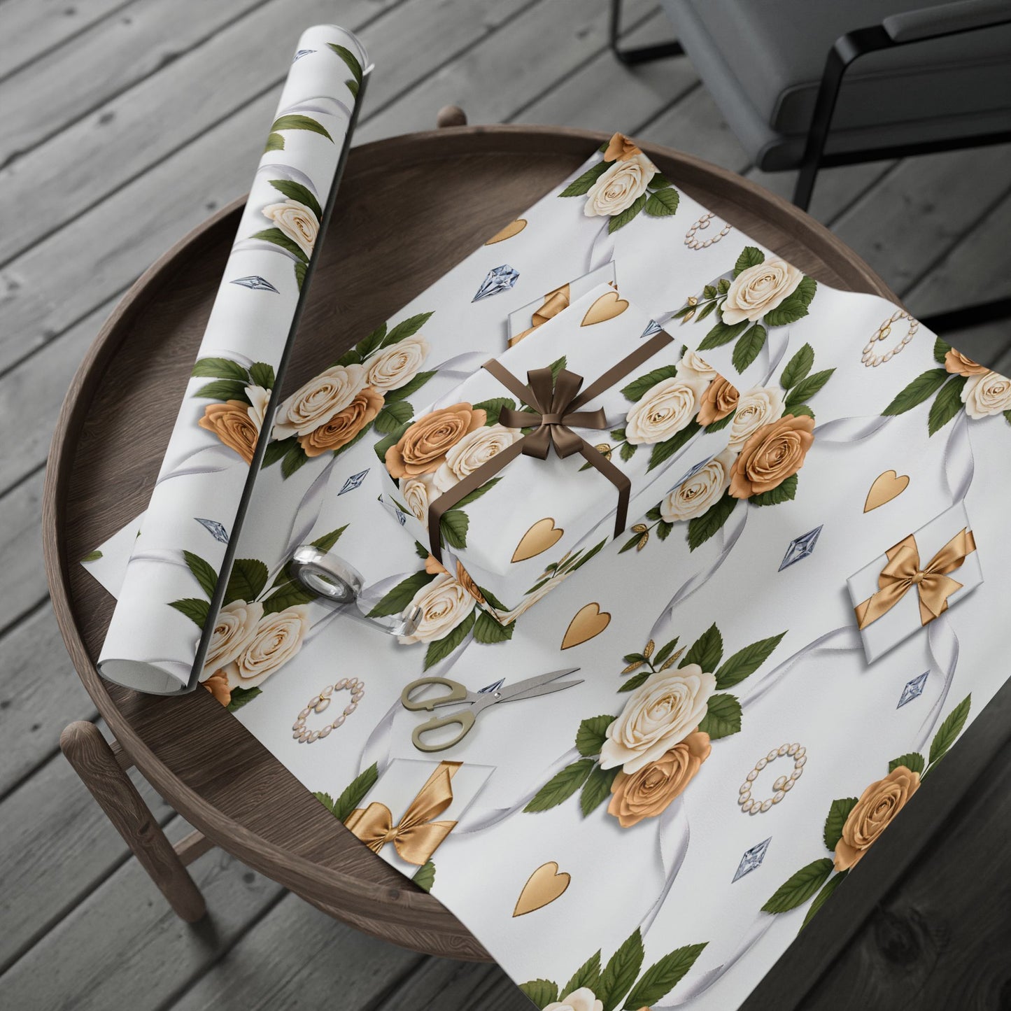 Elegant Cream Hearts and Diamonds Floral Gift Wrap Paper