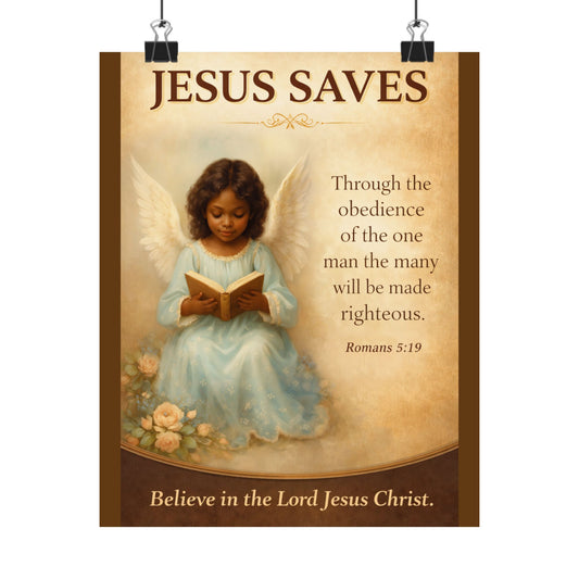 Jesus Saves Matte Poster — Angel Child with Romans 5:19 Inspirational Christian Wall Art by Grace Canvas Shop