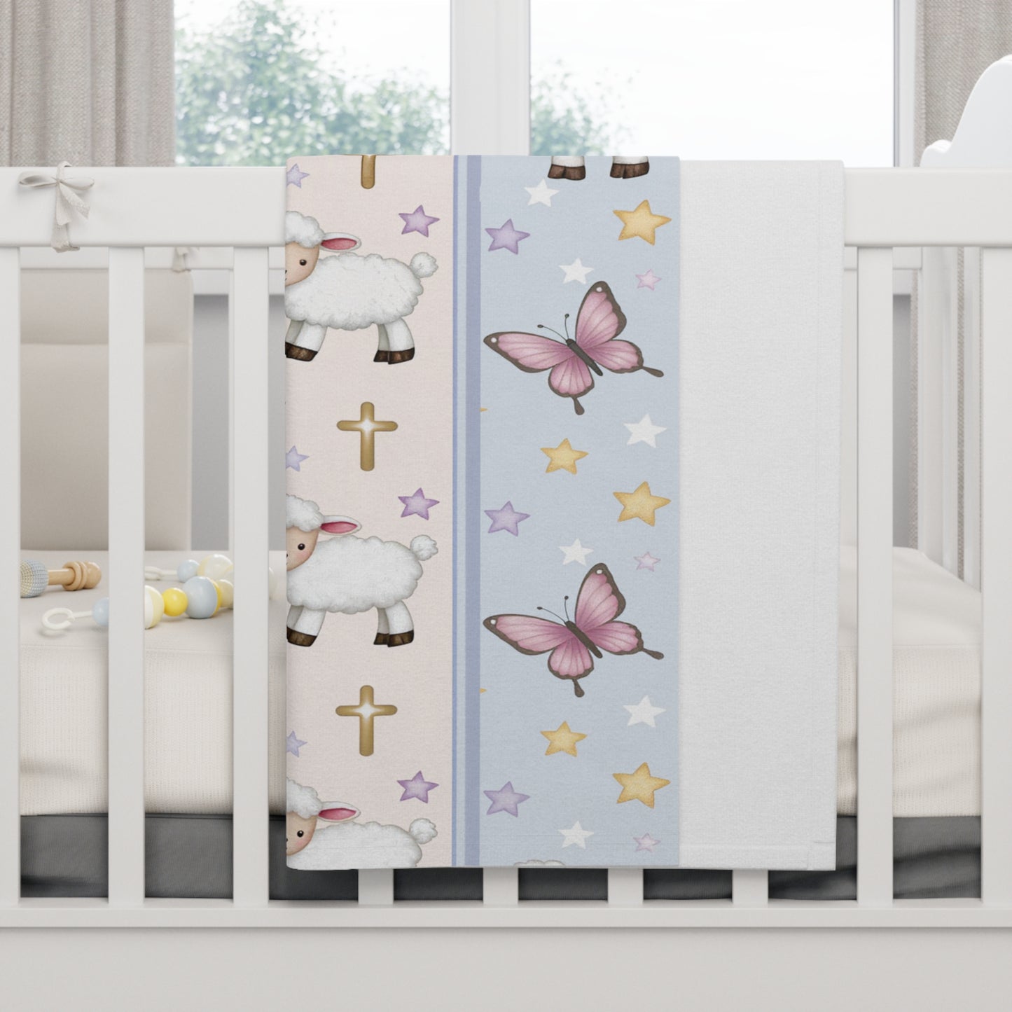 Christian Baby Blanket — Pastel Lambs, Birds & Cross Nursery Throw