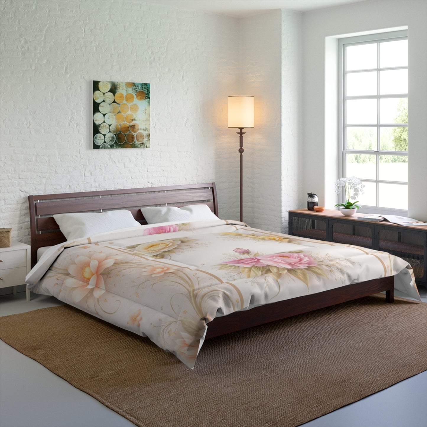 Vintage Floral Comforter – Soft Pink & Yellow Rose Bedspread