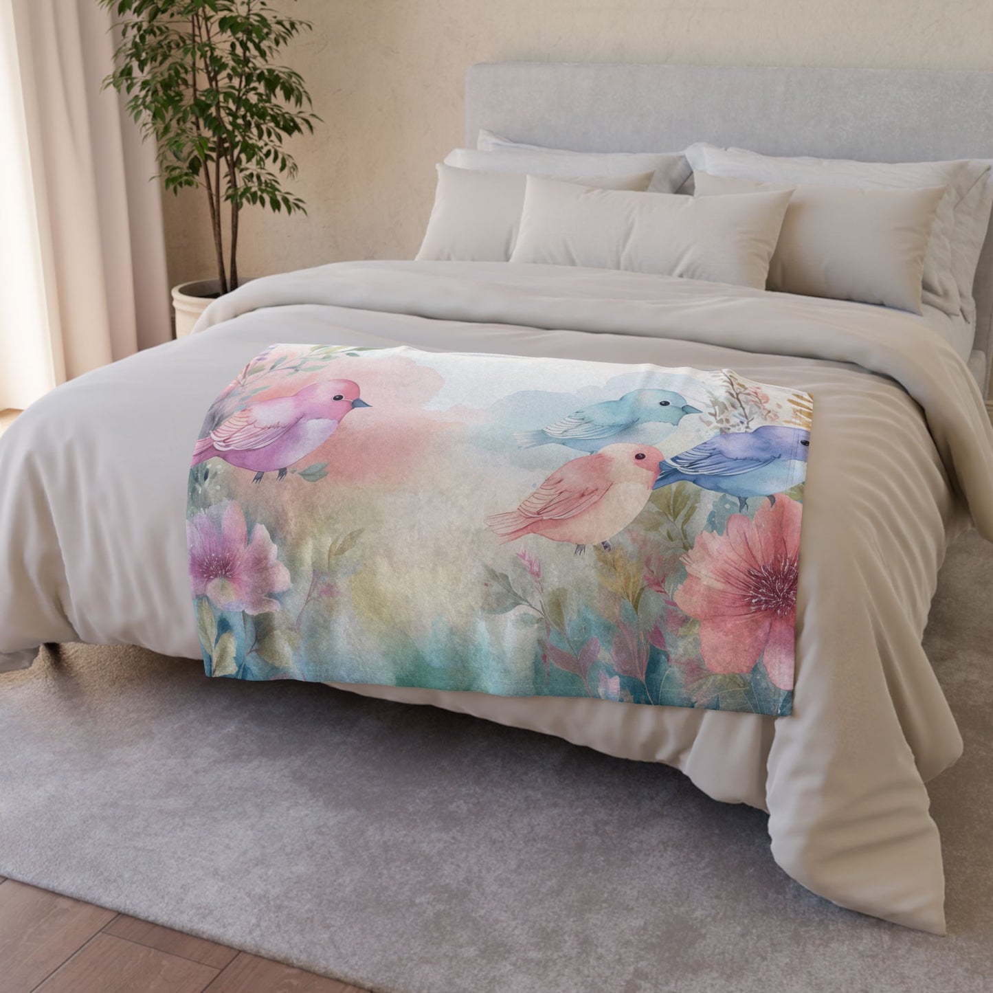 Pastel Bird Floral Blanket - Soft Polyester Throw