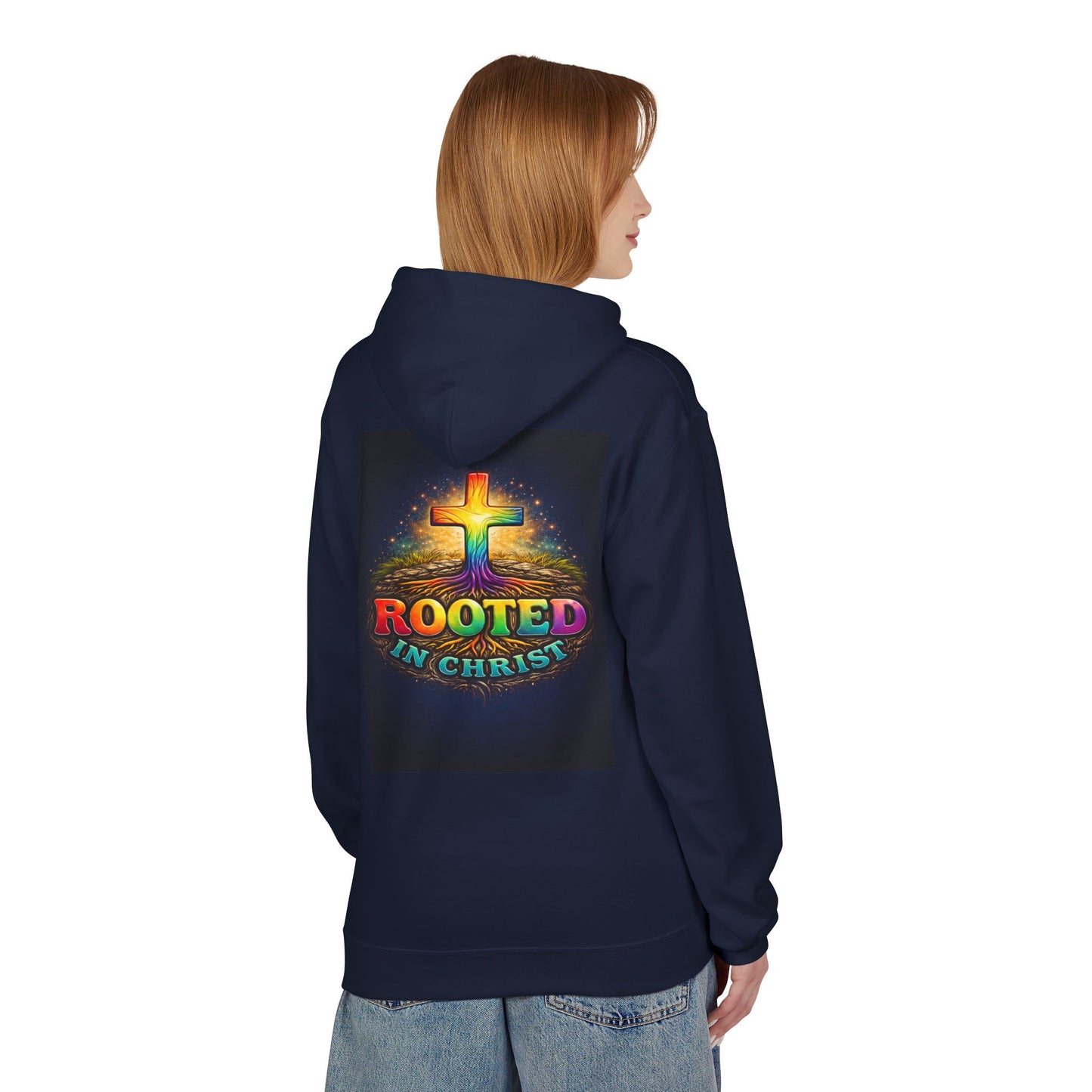 Rooted in Christ Hoodie —Unisex Christian Cross Faith Sweatshirt