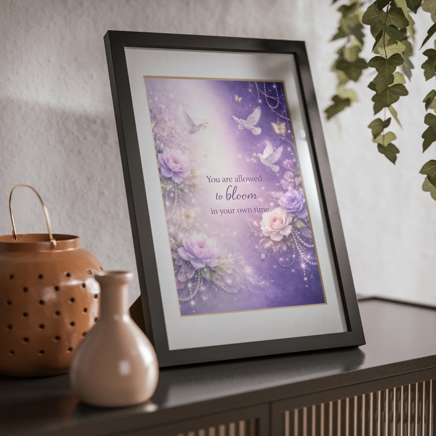 Inspirational Floral Framed Poster — "You Are Allowed to Bloom in Your Own Time" (Black Frame)