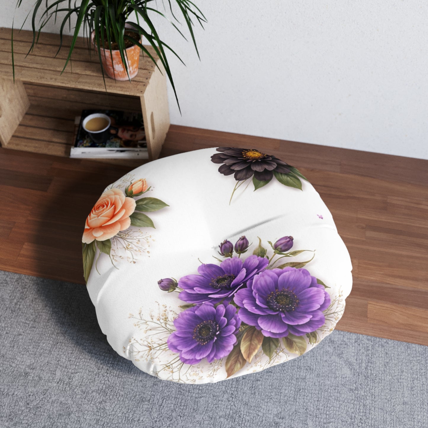 Round Tufted Floor Pillow — Vintage Floral Bouquet (Purple, Peach & Chocolate Blooms)