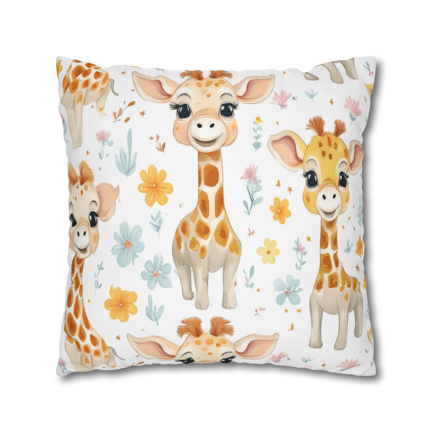 Giraffe Baby Pillowcase — Cute Nursery Square Throw Pillow Cover (Floral, Yellow & Pastel)