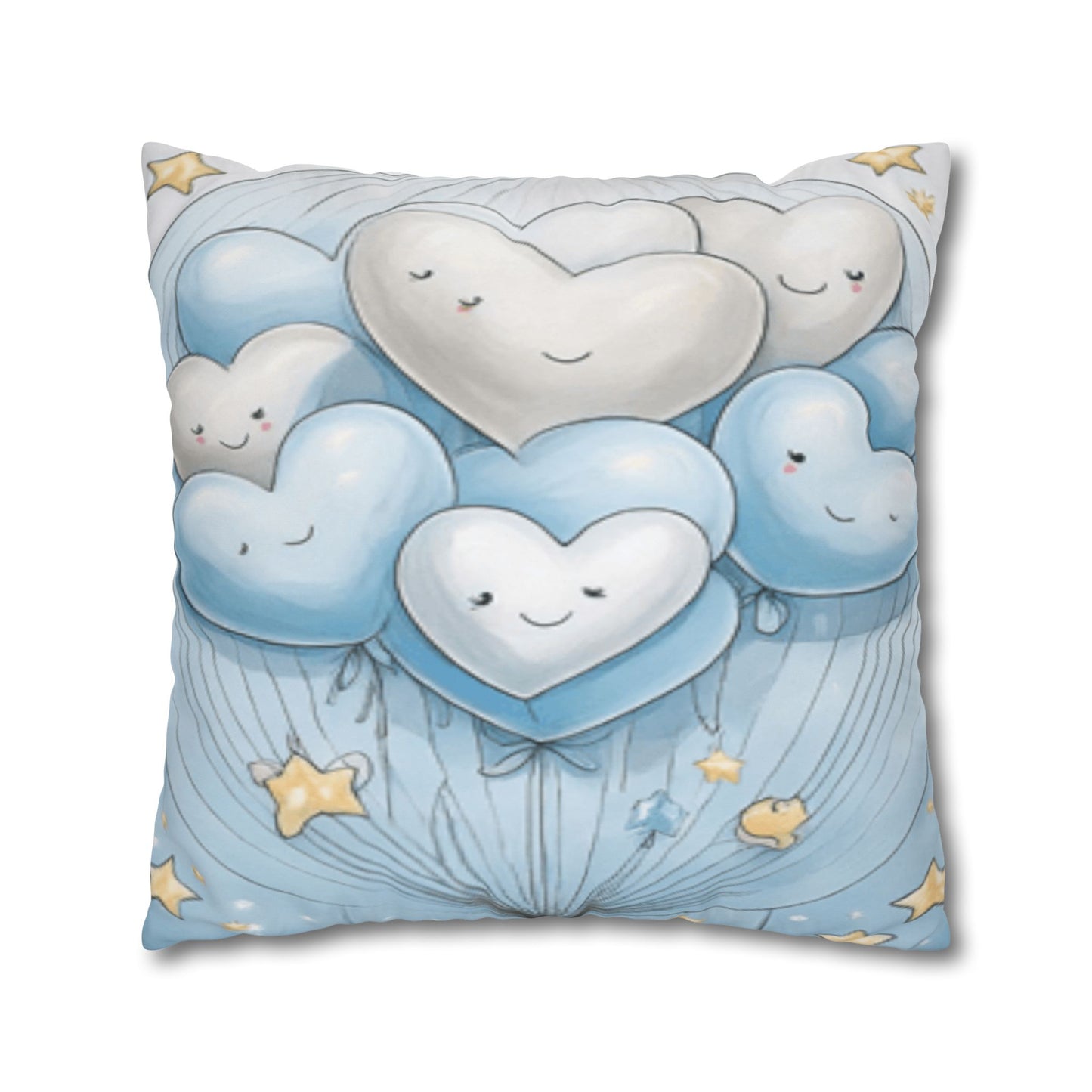Blue Smiling Heart Balloons Square Pillowcase — Cute Nursery Decorative Throw Pillow Cover