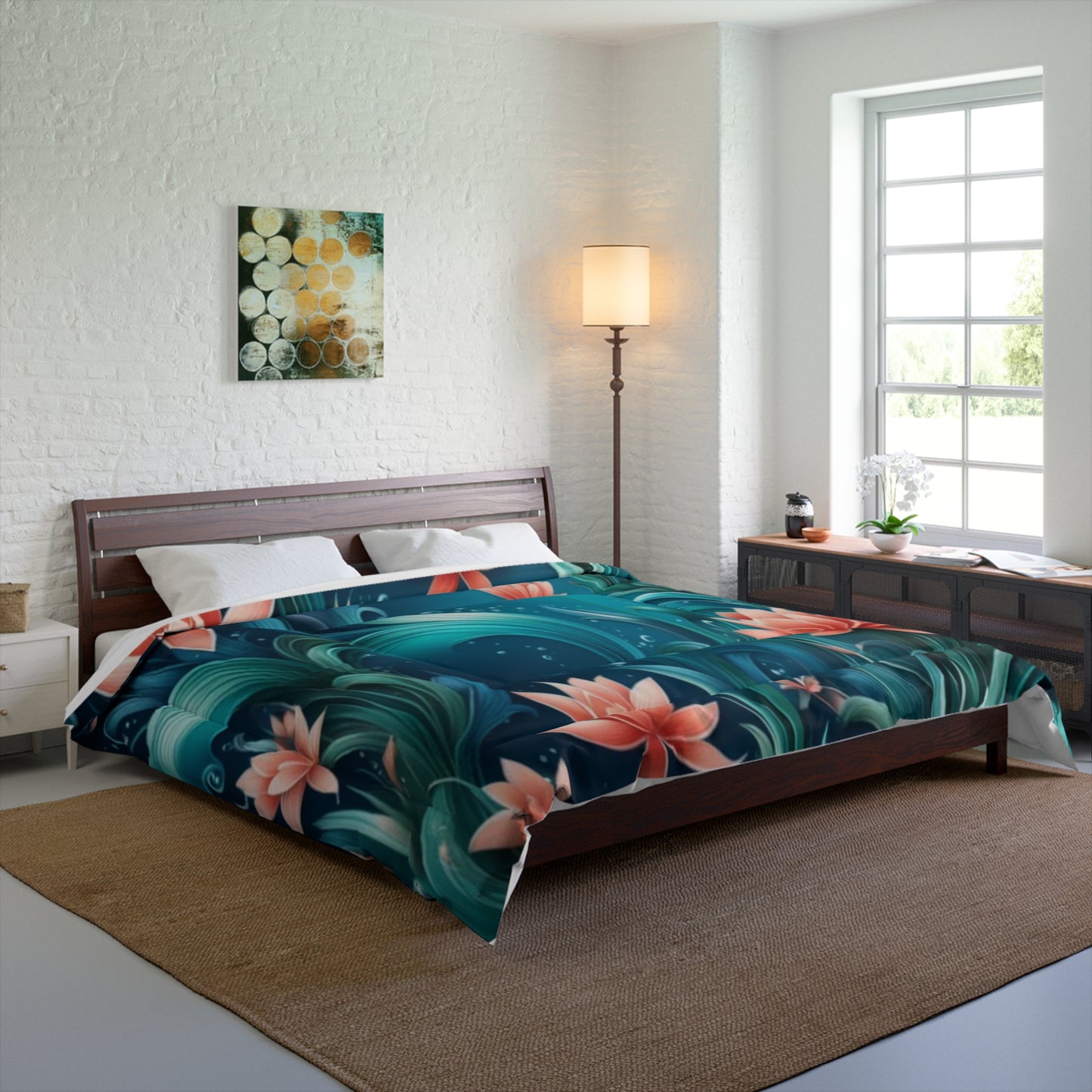 Lotus Garden Comforter – Teal Floral Bedding with Coral Waterlilies