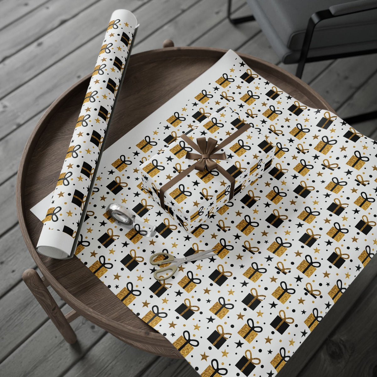 Gift Wrap Paper - Gold & Black Presents Pattern, Celebration Wrapping Paper