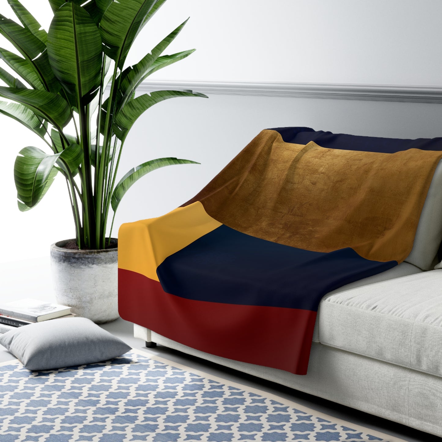 Colorblock Sherpa Blanket – Navy, Gold & Burgundy Cozy Throw