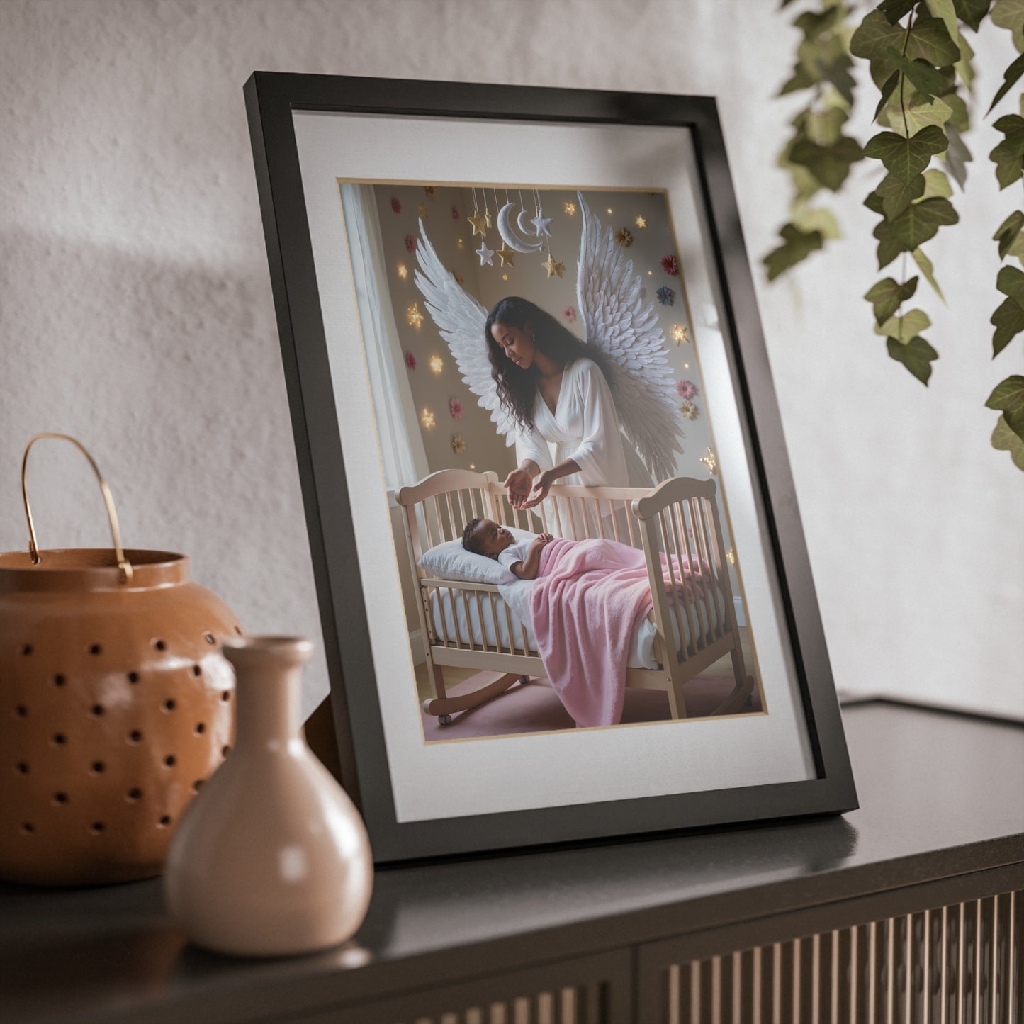 Guardian Angel Nursery Framed Poster – Angel Watching Over Sleeping Baby