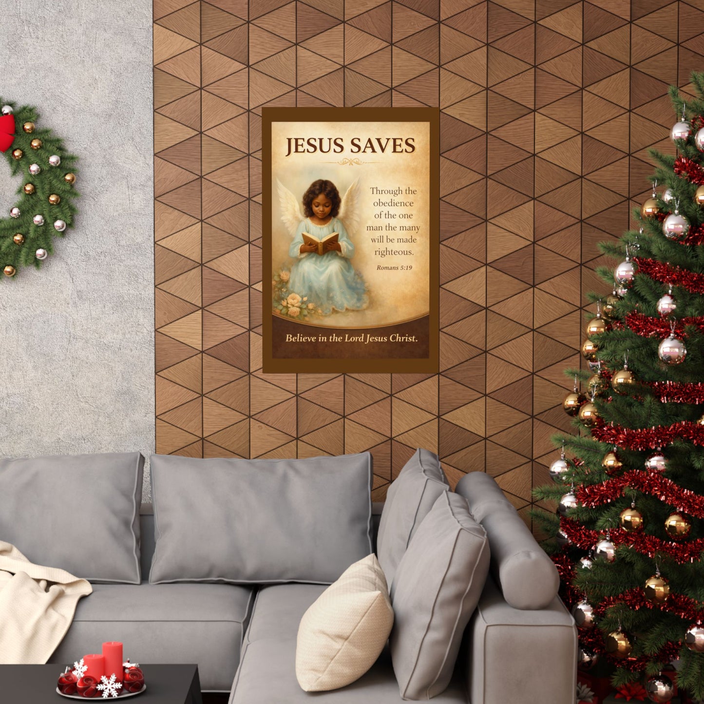Jesus Saves Matte Poster — Angel Child with Romans 5:19 Inspirational Christian Wall Art