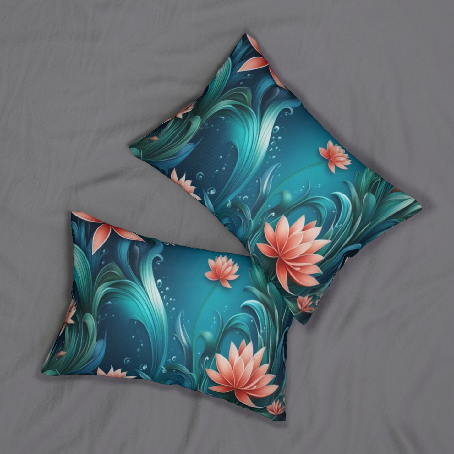 Floral Lotus Lumbar Pillow — Teal & Coral Botanical Accent Pillow