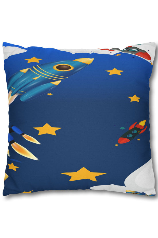 Kids Space Rocket Throw Pillowcase – Blue Stars Galaxy Decorative Pillow Cover by Grace Canvas Shop