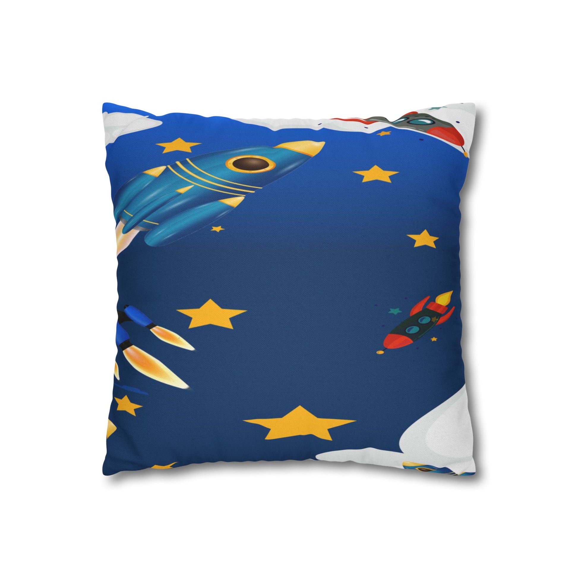 Kids Space Rocket Throw Pillowcase – Blue Stars Galaxy Decorative Pillow Cover by Grace Canvas Shop