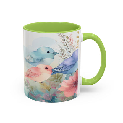 Pastel Bird Coffee Mug — Floral Accent Ceramic Mug (11/15 oz)