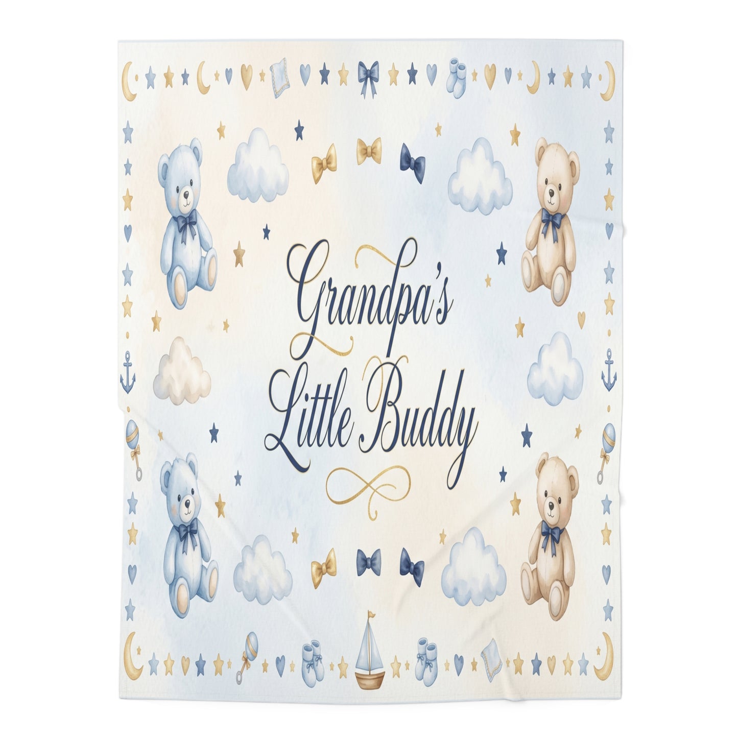 Grandpa's Little Buddy Baby Swaddle Blanket — Blue Teddy Nursery Gift