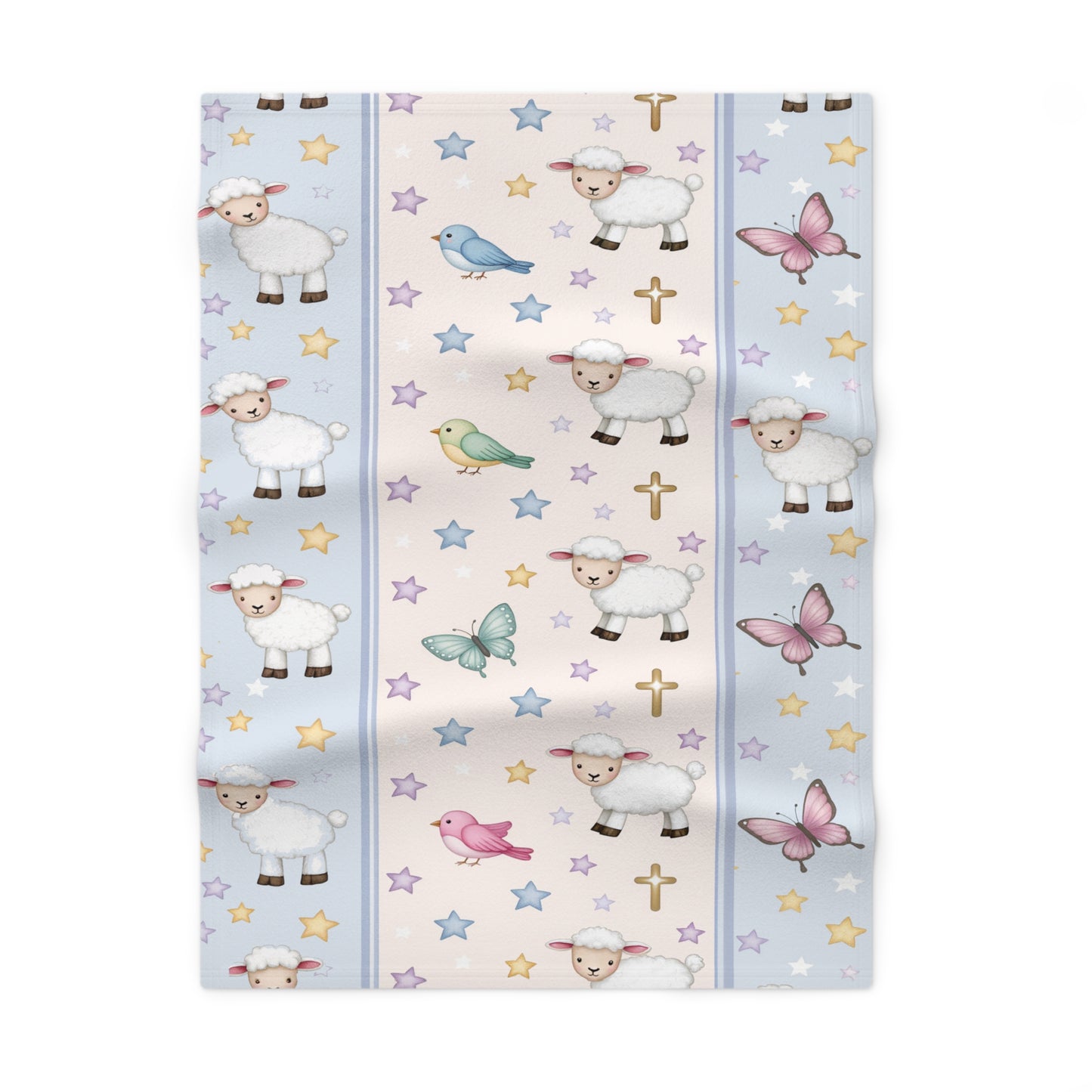 Christian Baby Blanket — Pastel Lambs, Birds & Cross Nursery Throw