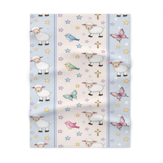 Christian Baby Blanket — Pastel Lambs, Birds & Cross Nursery Throw