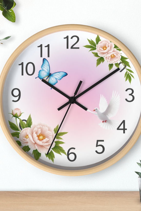 Wall Clock — Pastel Floral Clock with Dove & Blue Butterfly by Grace Canvas Shop