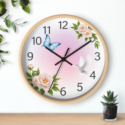 Wall Clock — Pastel Floral Clock with Dove & Blue Butterfly