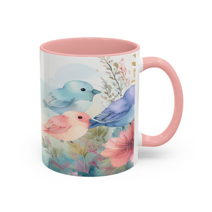 Pastel Bird Coffee Mug — Floral Accent Ceramic Mug (11/15 oz)
