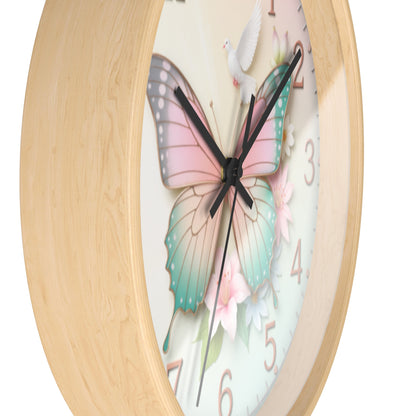 Pastel Butterfly Wall Clock — Floral Dove Decorative Clock for Nursery & Bedroom