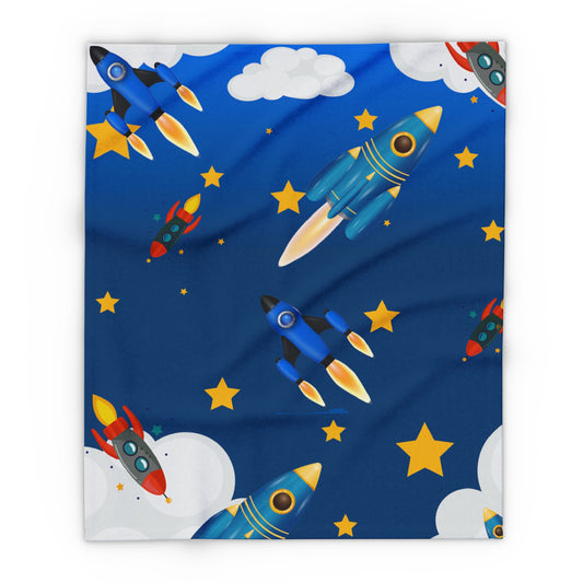 Rocket Ship Fleece Blanket — Kids Space Stars Throw for Nursery & Sleepovers by Grace Canvas Shop