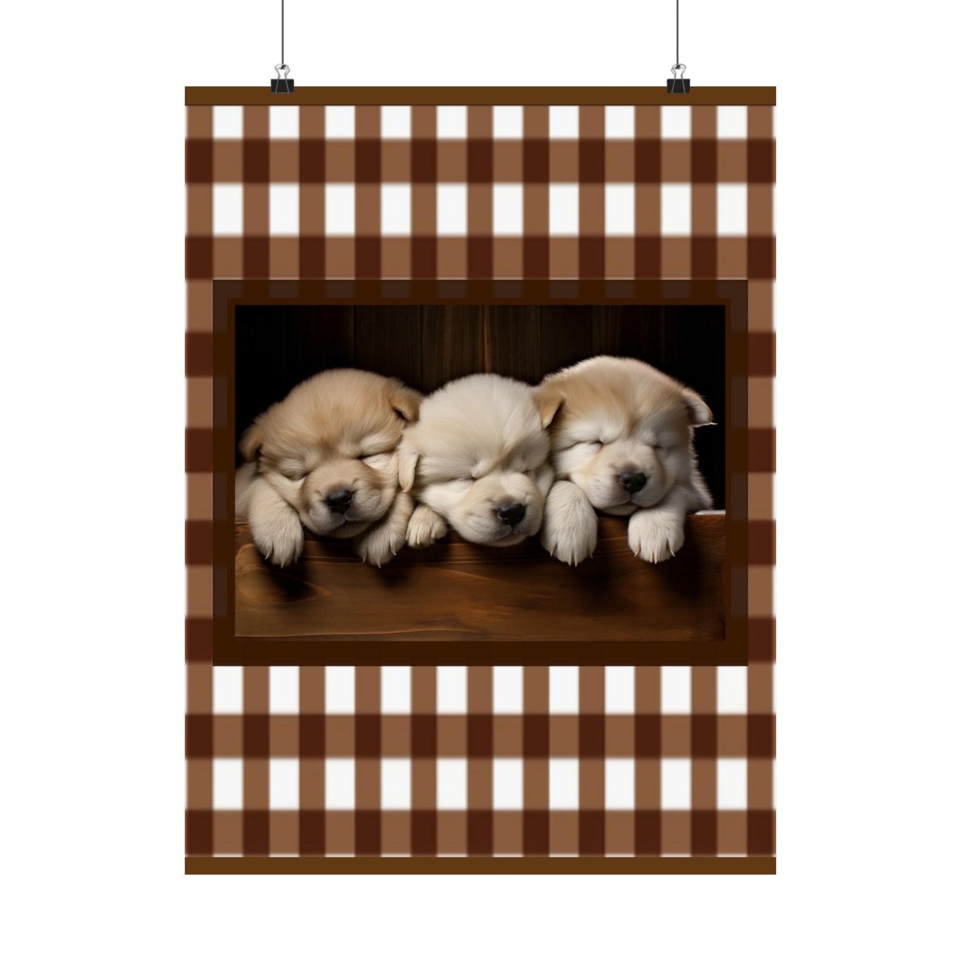 Sleeping Puppies Satin Poster — Cute Puppy Wall Art with Brown Gingham Border by Grace Canvas Shop