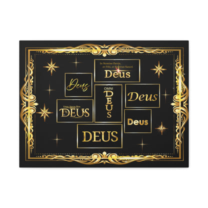 Deus Gold Script Matte Canvas Wall Art  Black & Gold Religious Typography