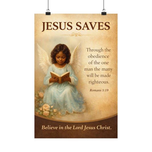 Jesus Saves Matte Poster — Angel Child with Romans 5:19 Inspirational Christian Wall Art by Grace Canvas Shop