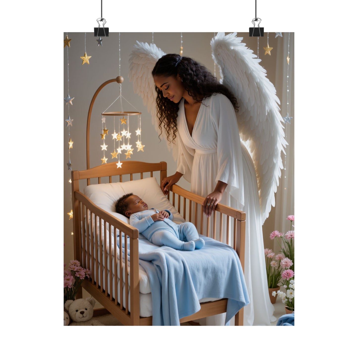 Guardian Angel Nursery Satin Poster — Angel Watching Over Baby (300gsm)