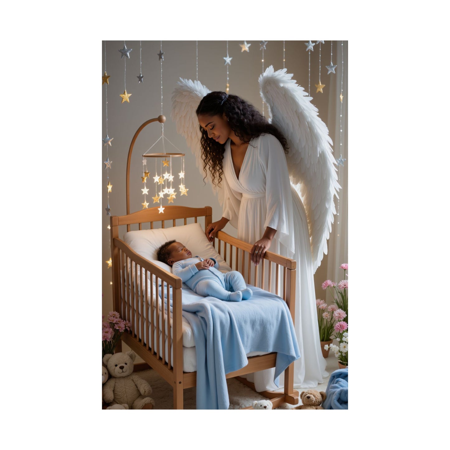 Guardian Angel Nursery Satin Poster — Angel Watching Over Baby (300gsm)