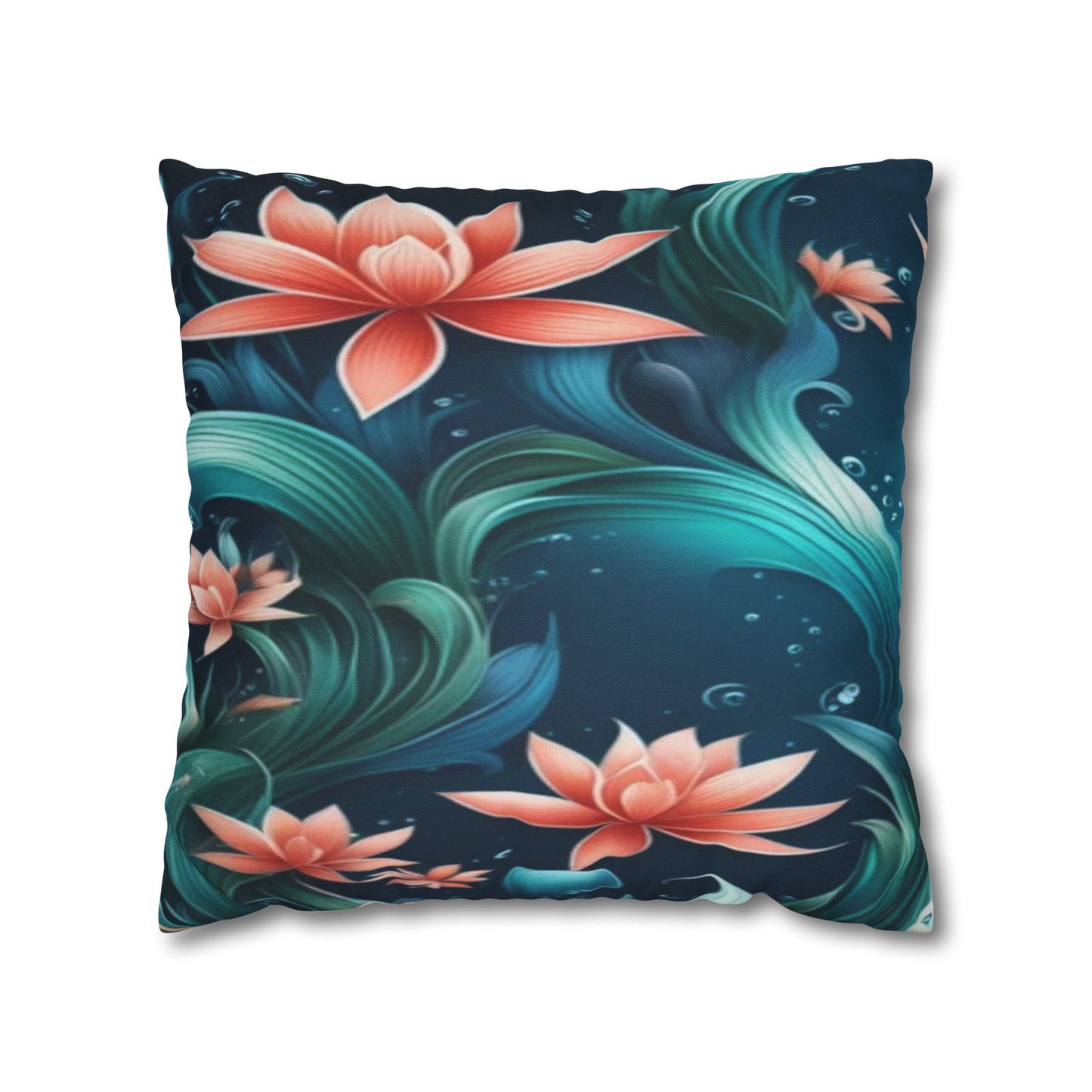 Floral Lotus Throw Pillowcase – Teal & Coral Garden Accent Pillowcase