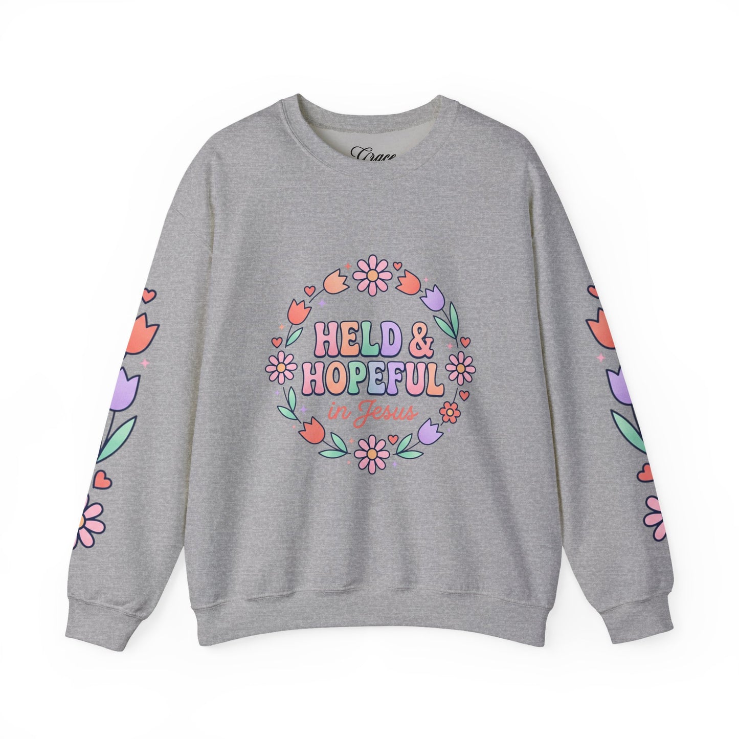 Held & Hopeful in Jesus Sweatshirt | Colorful Pastel Christian Encouragement