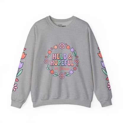 Held & Hopeful in Jesus Sweatshirt | Colorful Pastel Christian Encouragement
