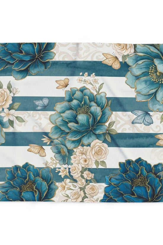 Teal Peony Striped Throw Fleece Blanket