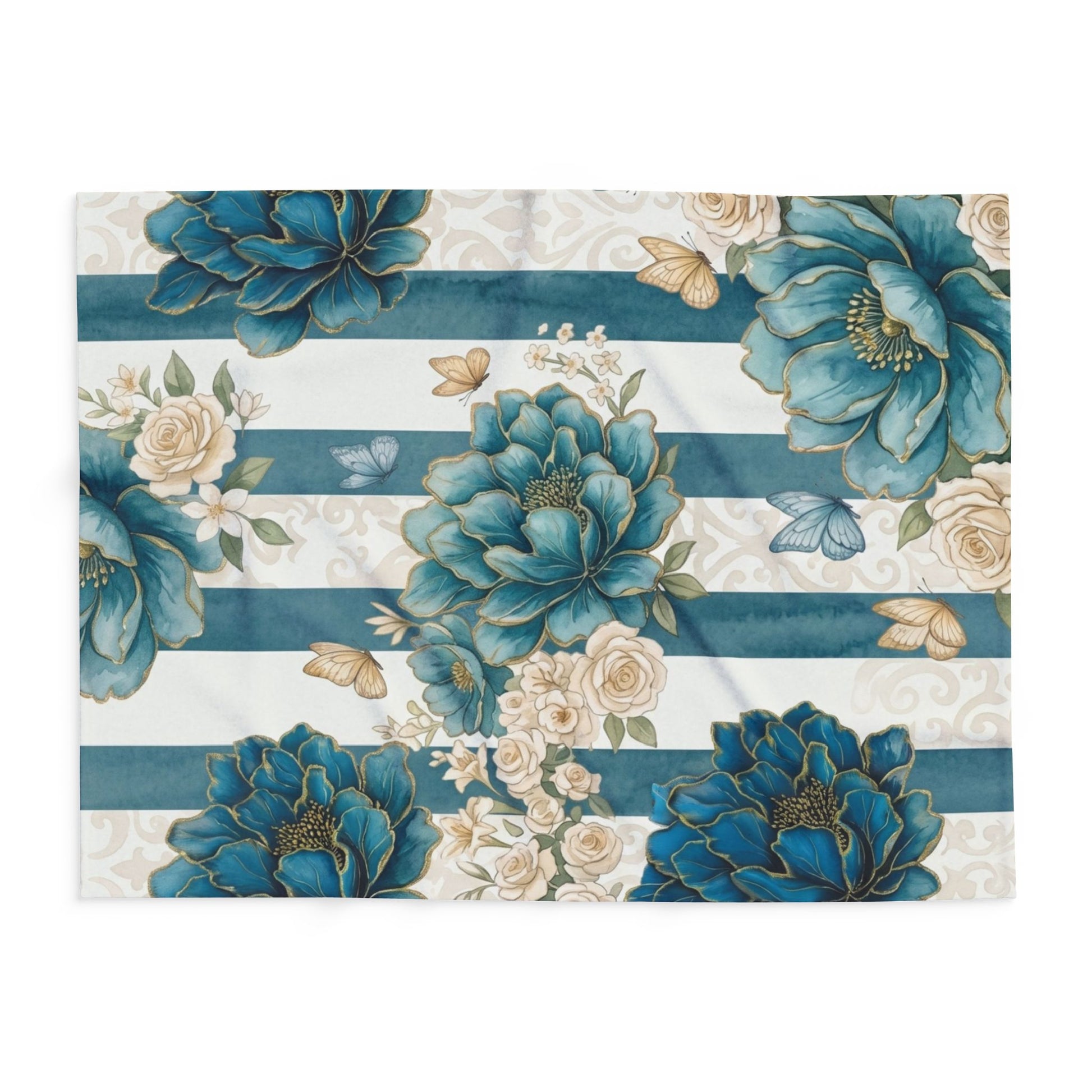 Teal Peony Striped Throw Fleece Blanket