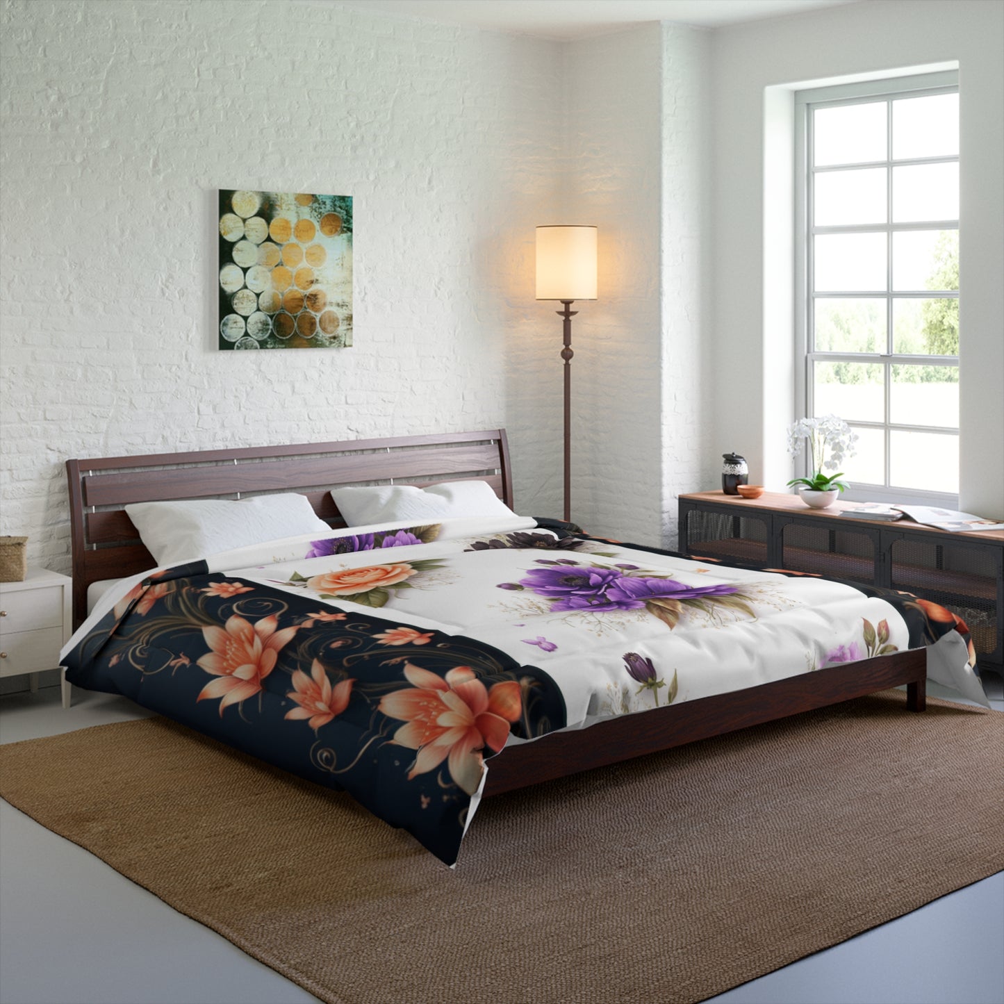 Floral Elegance Comforter — Purple & Peach Vintage Rose Bedding