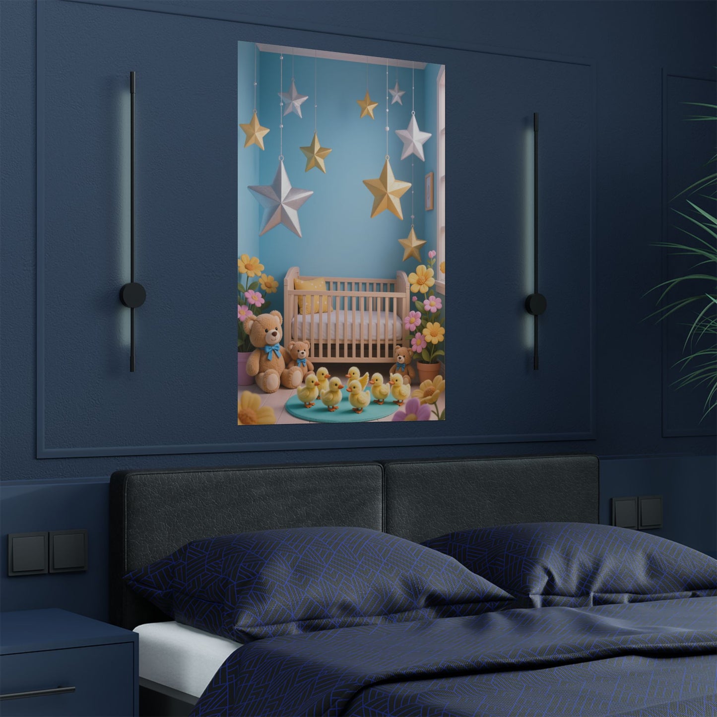 Nursery Star Wall Poster — Cute Crib, Teddy & Hanging Stars Satin Print by Grace Canvas Shop