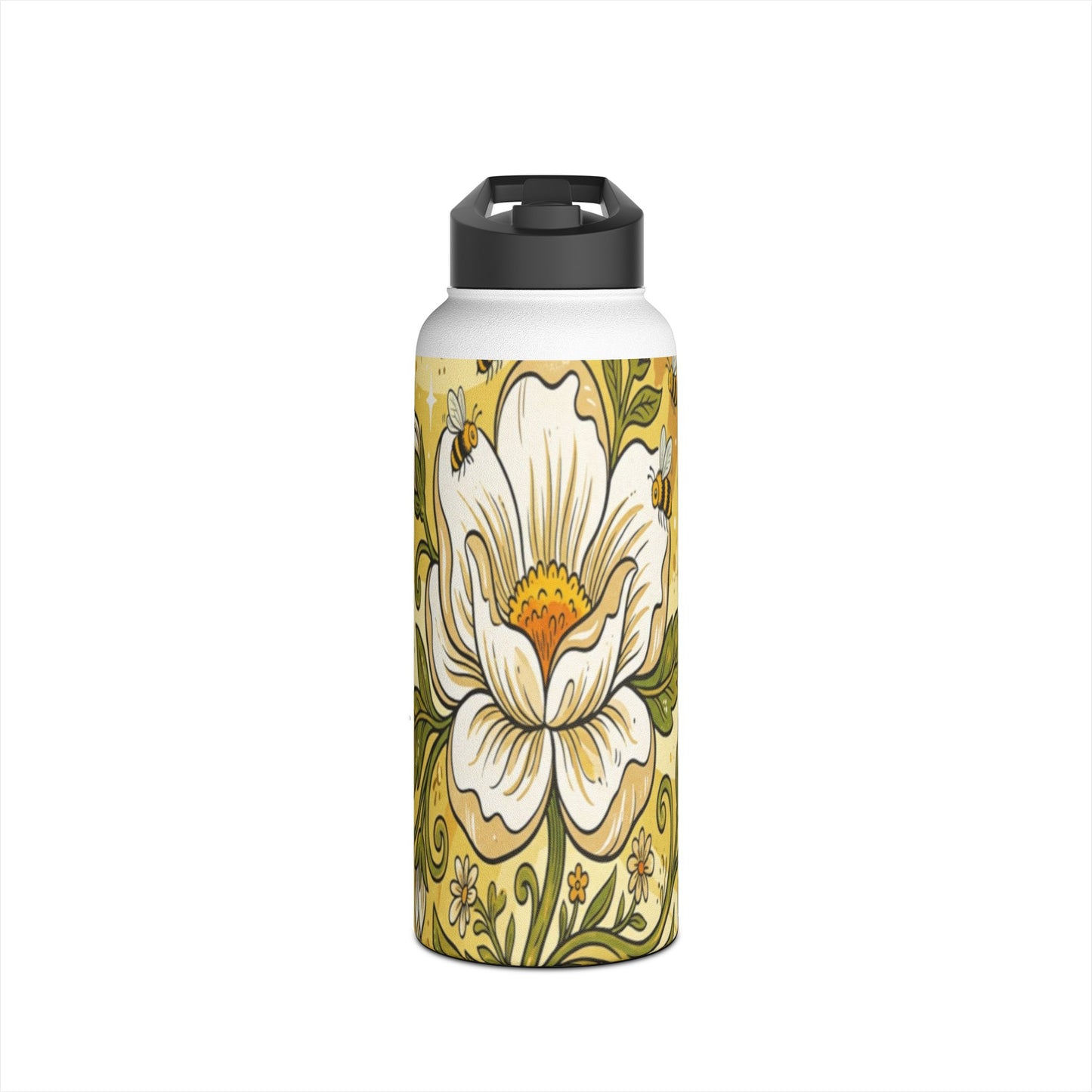 Floral Stainless Steel Water Bottle — Yellow Vintage Magnolia Design