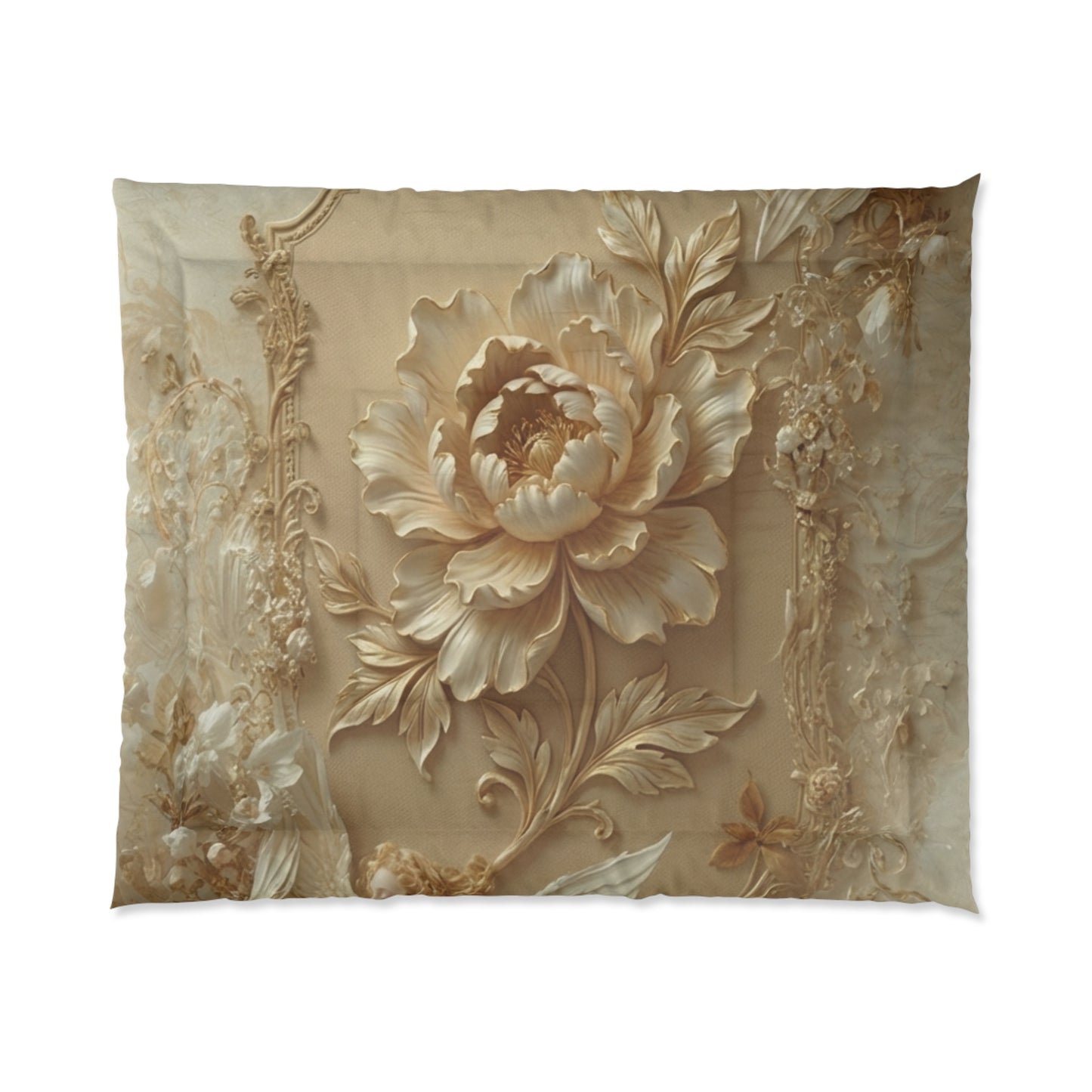 Vintage Baroque Floral Comforter – Elegant Gold Rose Bedding by Printify