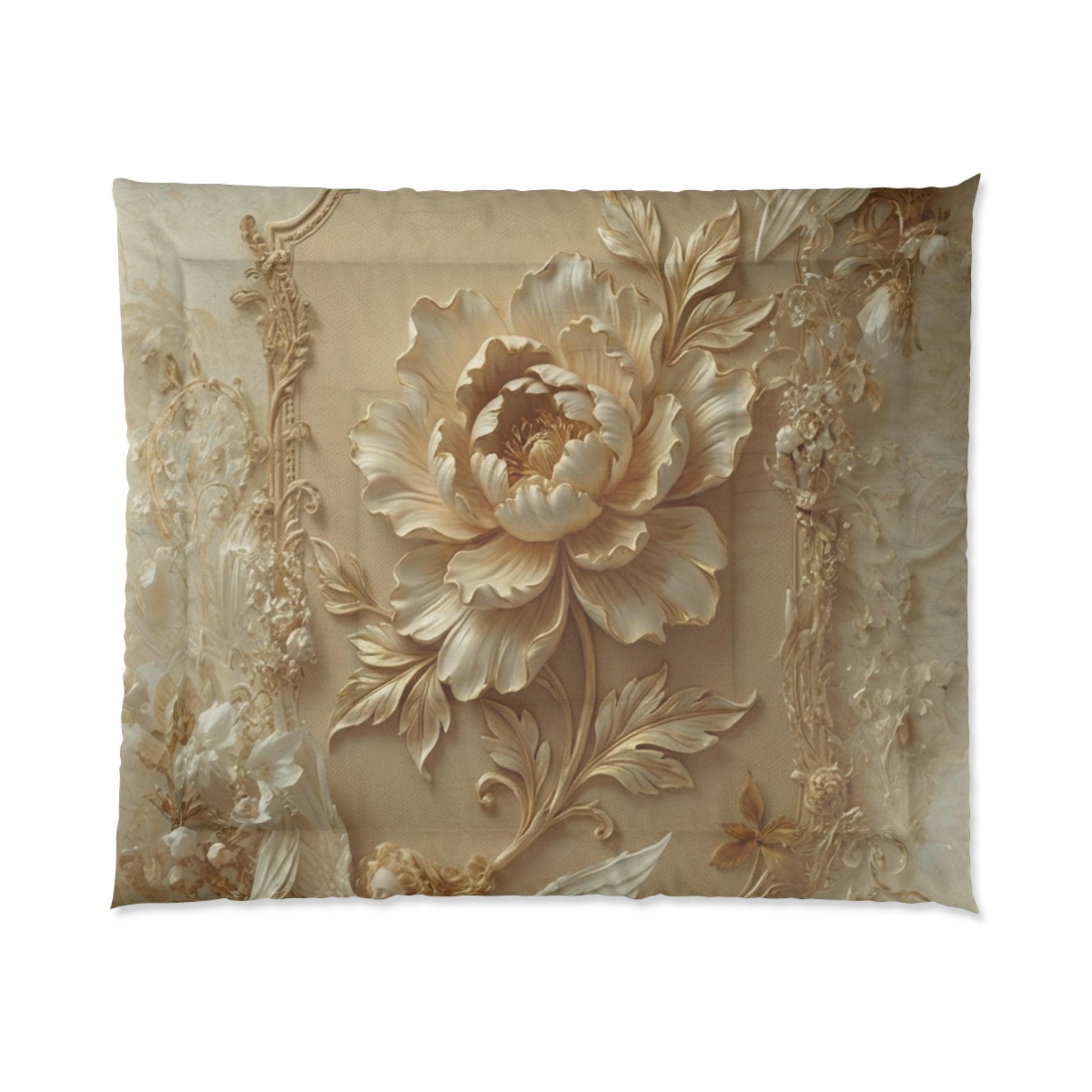 Vintage Baroque Floral Comforter – Elegant Gold Rose Bedding by Printify