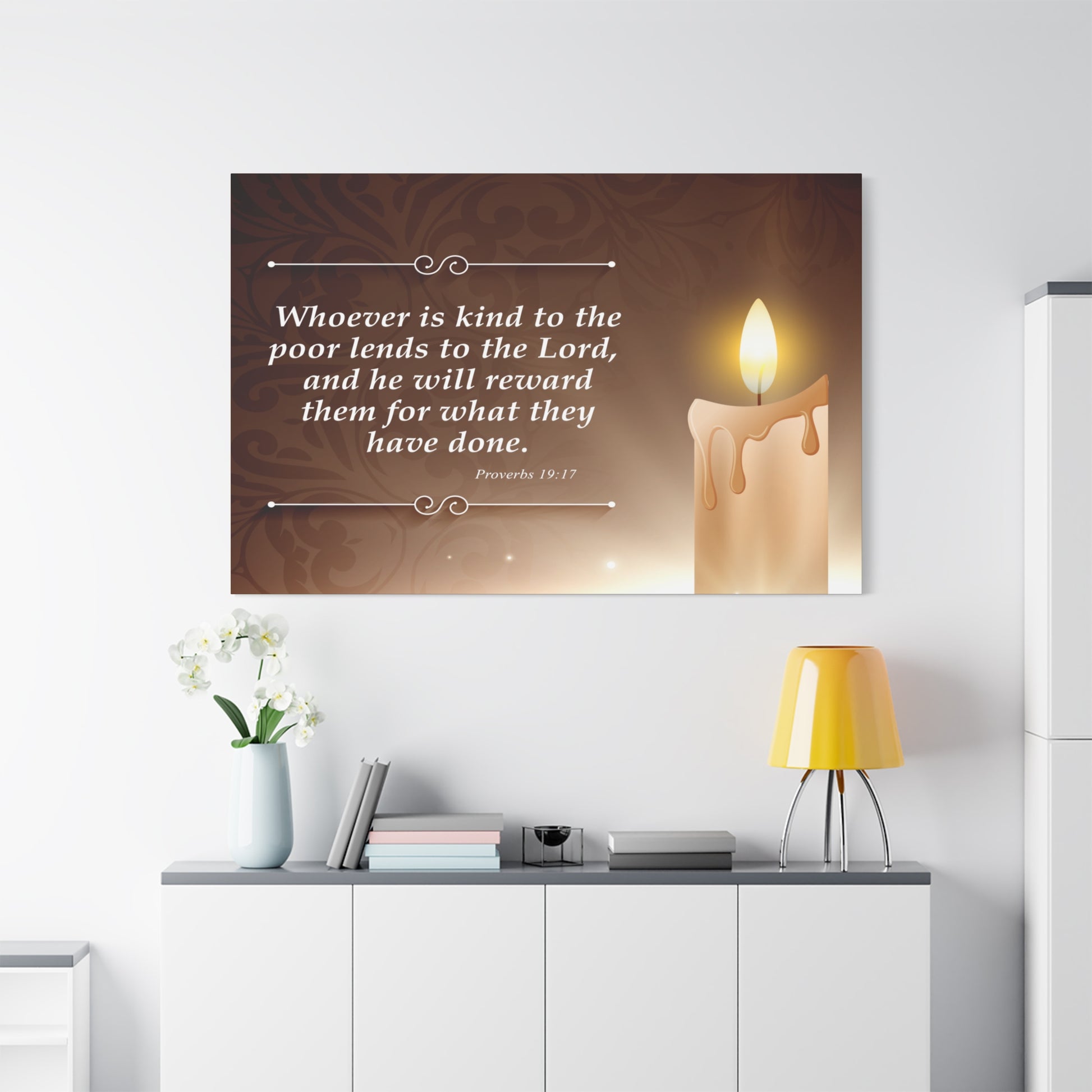 Proverbs 19:17 Candle Inspirational Scripture Print by Grace Canvas Shop