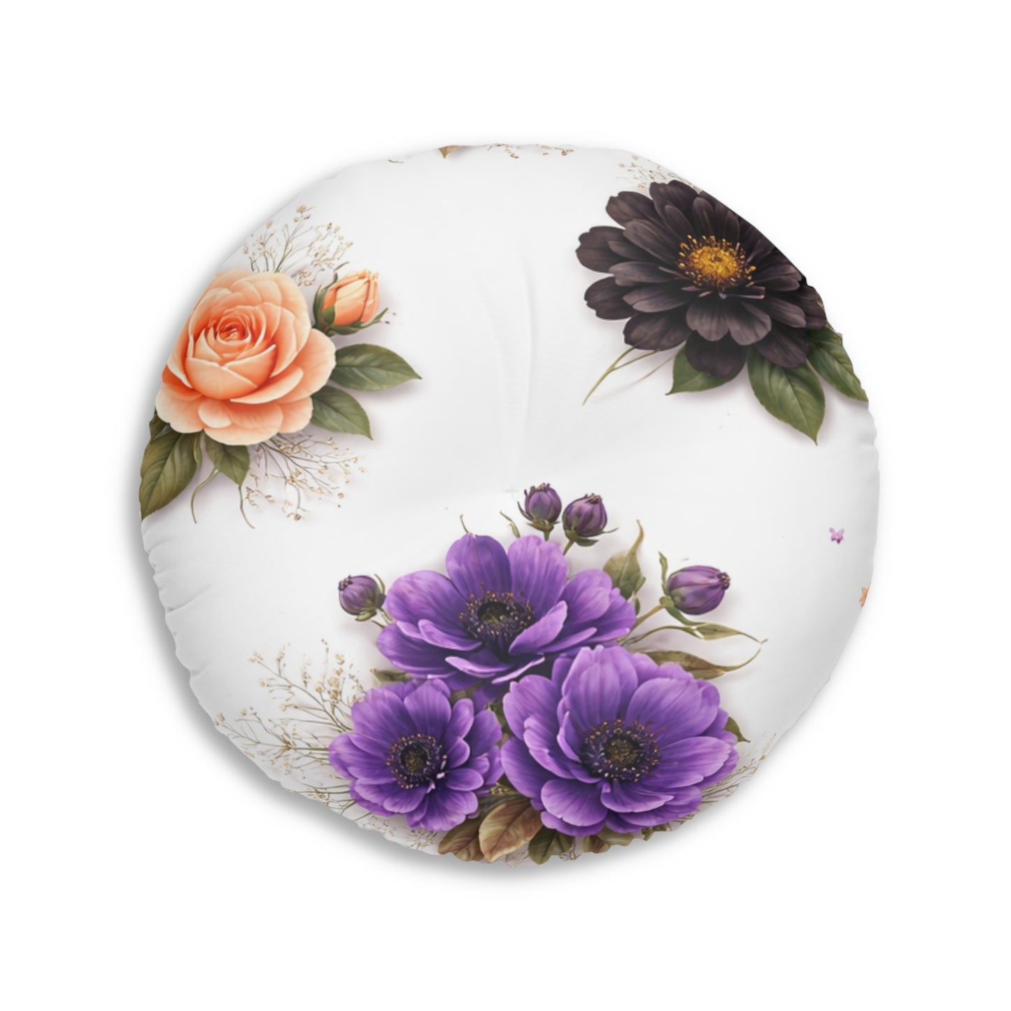 Round Tufted Floor Pillow — Vintage Floral Bouquet (Purple, Peach & Chocolate Blooms)
