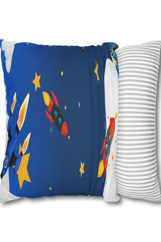 Kids Space Rocket Throw Pillowcase – Blue Stars Galaxy Decorative Pillow Cover by Grace Canvas Shop