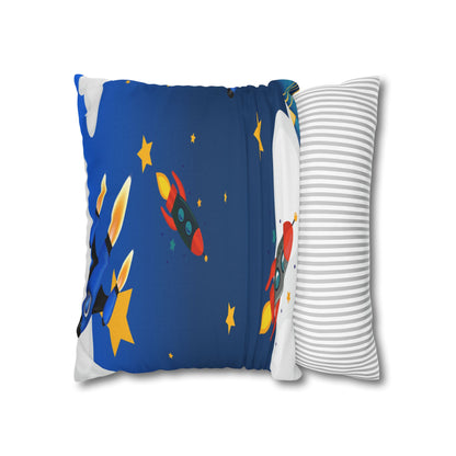 Kids Space Rocket Throw Pillowcase – Blue Stars Galaxy Decorative Pillow Cover by Grace Canvas Shop