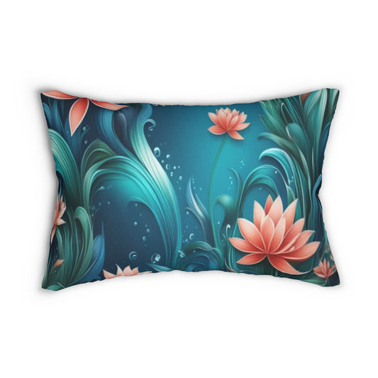 Floral Lotus Lumbar Pillow — Teal & Coral Botanical Accent Pillow